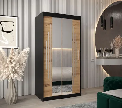 Produktbild von Kleiderschrank mit Spiegel VIVI – Breite 100 cm, schwarz / Eiche artisan