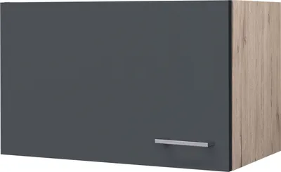 A single cabinet door, shown from a three-quarter angle, with a dark gray front and a wood-grain textured side.