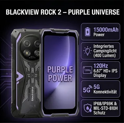 Immagine prodotto di Cellulare da esterno Blackview ROCK 2 Viola: 5G, batteria da 15000 mAh, Android 16, 24 GB di RAM, 256 GB di ROM, display da 6,67" a 120 Hz, ricarica rapida da 33 W, NFC, smartphone robusto