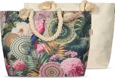 Produktbild von JACK by Descanso Strandtasche 55x40x15cm Bunte Motive Tasche Umhängetasche mit Reißverschluss aus Baumwolle, Farbe:Grün
