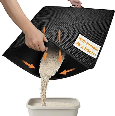 Produktbild von PolkaHome® Katzenstreu Matte mit Griffen, Wabenstruktur, Doppellagig, 76 x 55 cm, Stopft Katzenstreu und Wasserdicht, Rutschfeste