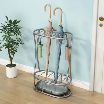 Produktbild von Schirmständer, Regenschirmständer, mit 8 Haken und Abnehmbarem Tropfablage, aus Metall, Schirmhalte, Freistehender, für Heim und Büro, Silber