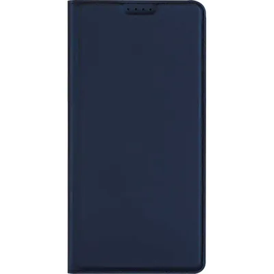 A dark blue flip case for a phone, shown closed and lying flat.