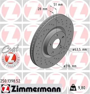 Produktbild von 2x ZIMMERMANN Bremsscheibe 250.1398.52 für FORD Galaxy (CK) 51mm 9 8kg 316mm