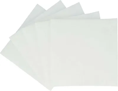 A stack of white square papers fanned out against a white background.