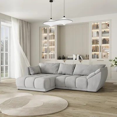 Produktbild von Masseno Ecksofa ORENTI L-S mit Schlaffunktion L-Form, Sofa mit Bettkasten, Wohnzimmersofa, Couch, Soffa, Bettsofa, Couchgarnitur- Hellgrau, MATT VELVET 83