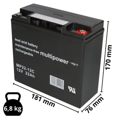 Obrázok produktu pre Olovená batéria Multipower MP22-12C Pb 12V 22Ah odolná voči cyklom M6 vnútorný závit
