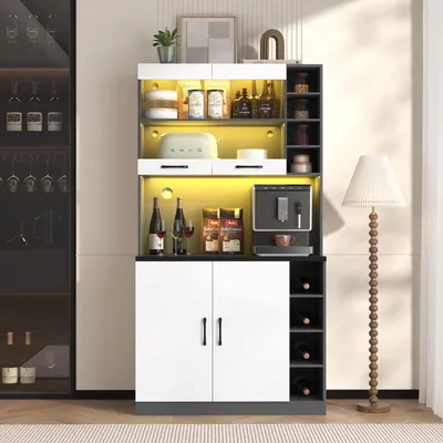 Produktbild von Küchenbuffet mit LED, Kabellöcher, Mikrowellenfach, höhenverstellbare Ablagen, 100x47x187 cm, freistehend, für Küche & Esszimmer