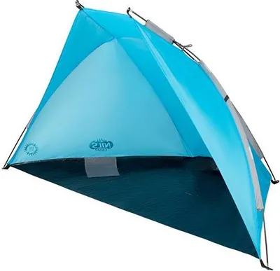A blue beach tent shown from a diagonal angle against a white background.