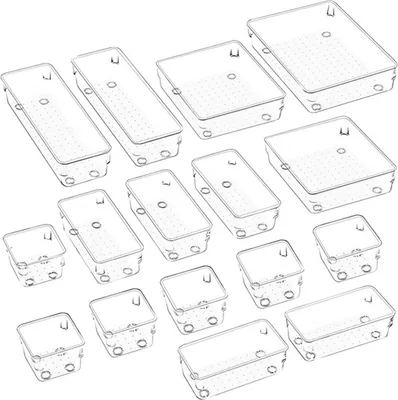 Produktbild von 16PCS Schubladen-Organizer-Box mit rutschfesten Silikon-Pads 5-Größen-Schreibtisch-Schubladen-Organizer-Tabletts Aufbewahrungsfach für Make-up-Schmuck im Schlafzimmer Kommode Büroküche (Klar)