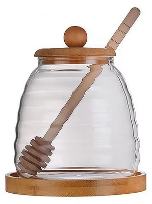 Produktbild von Honigspender 500 ml – Honigtopf mit Löffel – Honiggläschen mit Dosierer – Glaser Honigspender – Bambusdeckel – Perfekte Dosierung beim Servieren