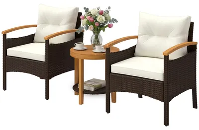 Produktbild von Outsunny Rattan Bistroset 3 teiligesGartenmöbel-Set mit 2 Sessel Holz-Tisch