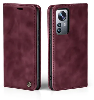 A burgundy flip case for a smartphone is shown from two angles.