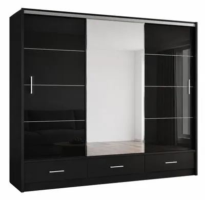 Produktbild von Schwebetürenschrank MARSEILLE 250 cm mit Spiegel & Schublade – Kleiderschrank Hochglanz modern Schlafzimmer (Schwarz)