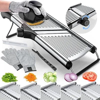 Obrázek produktu pro Univerzální kráječ mandlí, univerzální kráječ do kuchyně, univerzální kráječ na mandle, brambory, rajčata, mrkev, zeleninu, ovoce a cibuli – z nerezové oceli – včetně 1 páru rukavic odolných proti pořezání