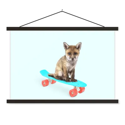 Produktbild von MuchoWow® Textilposter Fuchs - Tiere - Skateboard - Blau 150x100 cm mit schwarzem Rahmen - Schlafzimmer