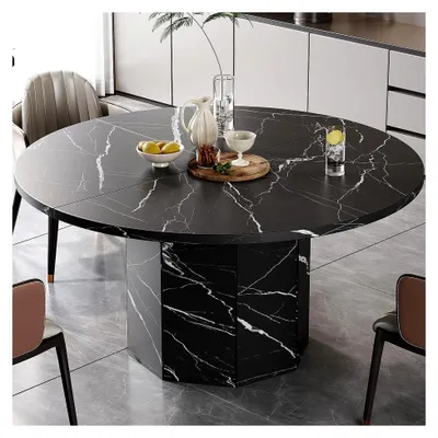 Produktbild von Runder Esstisch für 4 bis 6 Personen mit Marmoroptik aus Holz, modernes Design, Schwarz, 120 cm