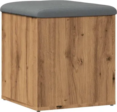 A wooden cube ottoman with a gray upholstered top, shown from a front-view angle.
