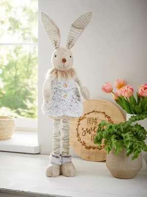 Produktbild von Hasenfigur "Langoh", Liebevoll Gefertigte Osterdeko mit Ausziehbaren Beinen, Verschiedene Textilien, Max. Höhe 60 cm für den Innenbereich