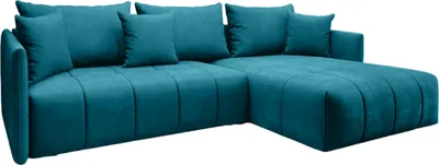 A teal sectional sofa with multiple cushions is shown against a white background.