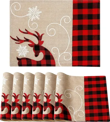 Produktbild von Weihnachten Platzsets 6er Set 35x45cm Baumwoll Sackleinen Bš¹ffel Plaid Bestickte Tischsets Hirsch Schneeflocke Urlaub Weihnachten Platzdeckchen Kš¹che Party Deko(Hirsch Schneeflocke)