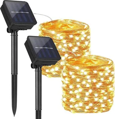 Immagine prodotto di Ghirlanda luminosa solare da esterno, 10 metri, 100 LED, anello di rame, impermeabile – per Natale, feste e matrimoni – bianco caldo