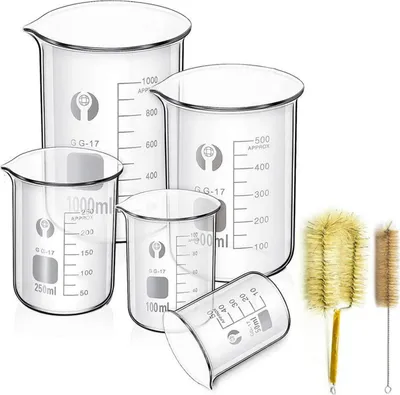 Obrázek produktu pro Sada 5 odstupňovaných kádinek z borosilikátového skla 1000 ml 500 ml 250 ml 100 ml 50 ml s výlevkou 2 mycí kartáčky
