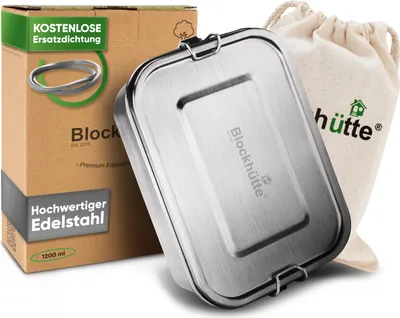 Produktbild von Blockhütte. Premium Edelstahl Brotdose 1200 ml inkl. Fächern & Ersatzdichtung. Die Frischhaltedose mit Trennwand ist auslaufsicher