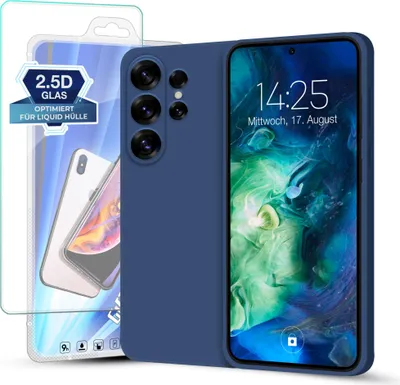A blue phone case and screen protector are displayed next to a smartphone.