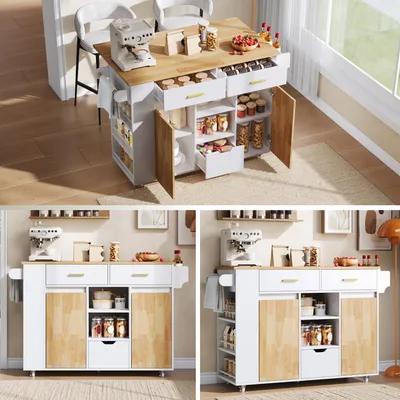 Productafbeelding van Mobiel keukenblok 120x45(71)x90, met opklapbaar werkblad, 3-laags kruidenrek, 3 lades, wielen