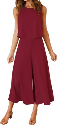 Image de ASKSA Femme Tenue d'été 2 pièces Sans manches Col rond Débardeur Pantalon large Tenue de loisir 2 pièces, Vin rouge, XXL