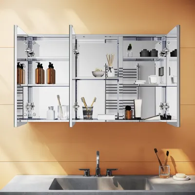 Produktbild von SONNI 105x65cm 3-türig Edelstahl Bad Spiegelschrank mit LED 3-Farben-Beleuchtung Touch schalten Kabelloses Scharnier Design mit Rasiersteckdose
