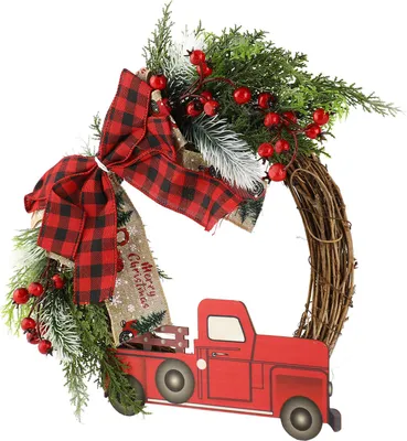 Productafbeelding van Kerstkrans met rode vrachtwagen, decoratieve krans voor de voordeur, geschikt voor kerstdecoratie in huis