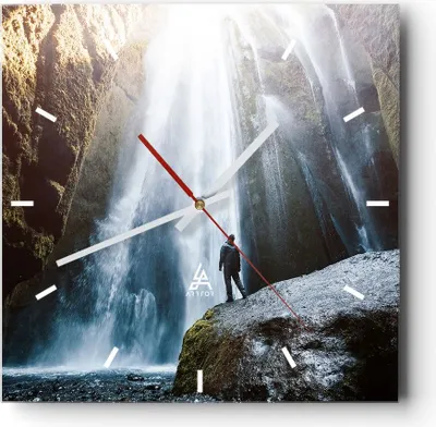 Produktbild von Wanduhr - Quadrat - Glasuhr - Berg Wasserfall - 30x30cm - Schleichendes Uhrwerk - Lautlos - zum Aufhängen bereit - Dekoration Modern - Wanddekoration aus Glas - C3AC30x30-4093