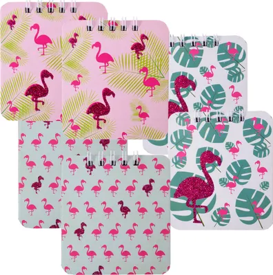Produktbild von 6 Stück TE-Trend Flamingo Motiv Spiralblock Kinder Mädchen Notizblock Mitgebsel 40 Blatt 80x90mm Blanko 3-fach sortiert mehrfarbig