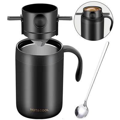 Produktbild von Pour Over Kaffeebereiter mit Löffel, Camping-Kaffeetropfer, 500ml Manuelle Kaffeemaschine, Thermo Kaffeebecher mit Griff Edelstahl Spülmaschinenfest