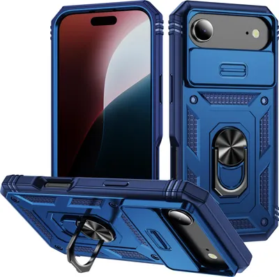 Produktbild von iPhone Air Hülle, Schiebe Kamera Schutz Stoßfest Schutzhülle mit Ringhalterung Ständer für iPhone Air Blau