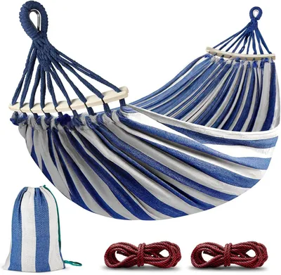 Immagine prodotto di Amaca da esterno - Amaca da campeggio - Per rilassarsi all'aperto - Con struttura in legno - 205 x 155 cm - Blu