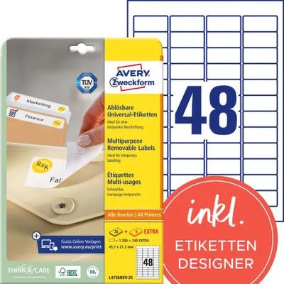 Produktbild von Avery Zweckform L4736REV-25 Universal-Etiketten, ablösbar, A4 45,7 x 21,2 mm, weiß