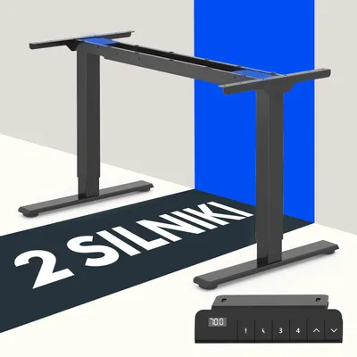 A black standing desk frame with a control panel shown in the foreground, set against a white and blue background.