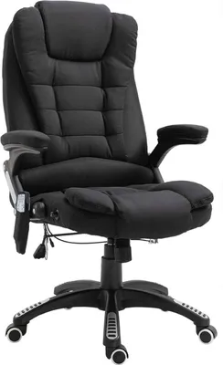 A black office chair with a headrest and armrests is shown against a white background.