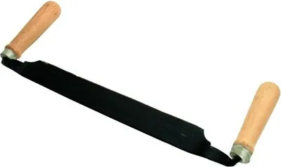 A woodworking tool with two wooden handles and a long black blade.