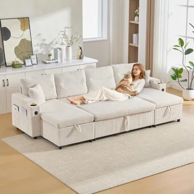 Imagen del producto de Sofá de terciopelo de 4 plazas - Chaise longues de doble cara - Puerto USB tipo C