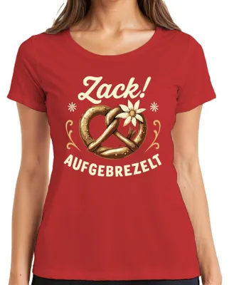 Obrázok produktu pre Zack Aufgebrezelt  Pretzel Tradičný kostým Edelweiss Wiesn Vtipné dámske tričko, červená, XL
