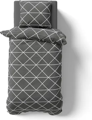 A top-down view of a bedding set on a white background.