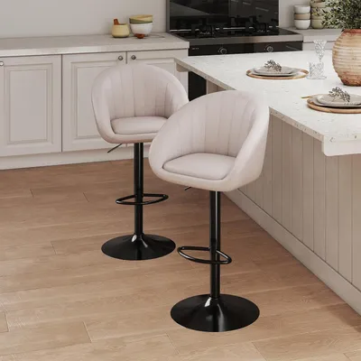 Productafbeelding van Barstoelen, set van 2, met verstelbare hoogte, rugleuning en voetsteun, beige linnenstof
