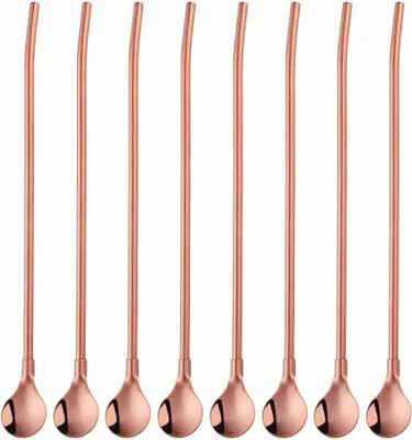 Produktbild von Strohhalm mit Löffel Edelstahl Trinkhalmlöffel Wiederverwendbare Trinkhalme Roségold Langstielige Cocktaillöffel Strohhalm 21,5cm für Latte Macchiato 8 Stück