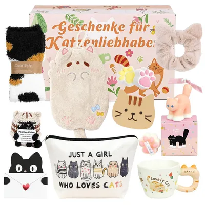 Immagine prodotto di Set regalo per gatte, ideale per donne, composto da una tazza, una candela profumata, una trousse e un paio di calzini
