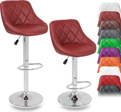 A product image showcasing two red bar stools in the foreground and a stack of bar stools in various colors in the background.