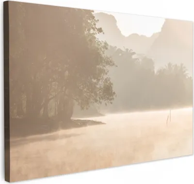 Produktbild von MuchoWow® - Leinwandbilder - Landschaft - Wald - Wasser - Nebel - Beige, Wandbild, Wanddeko Bilder Wohnzimmer, 30x20 cm